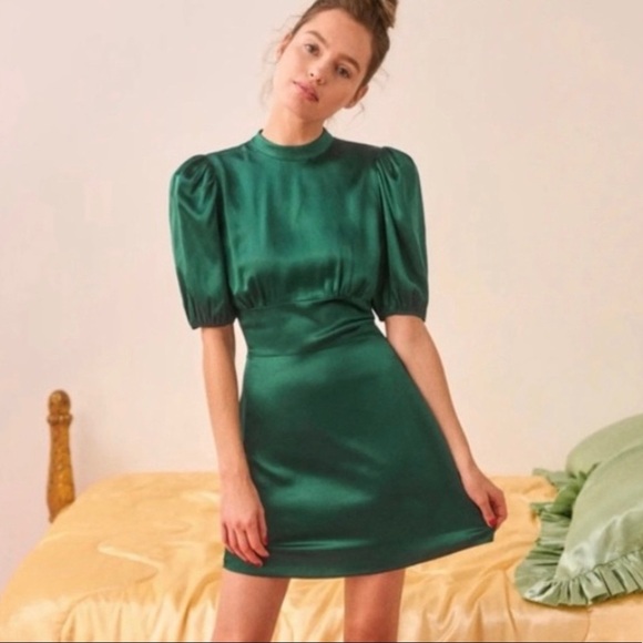 Reformation Marsha Emerald Satin Dress B1481 - Picture 1 of 6